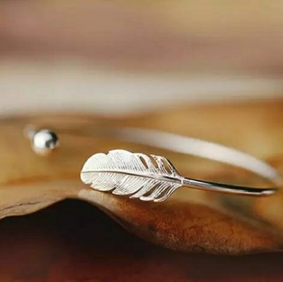Silver Feather Bangle Bracelet - Picture 2 of 4